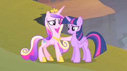 Size: 1920x1080 | Tagged: safe, derpibooru import, screencap, princess cadance, twilight sparkle, twilight sparkle (alicorn), alicorn, pony, three's a crowd, duo, female, hoof around neck, mare, sisters-in-law