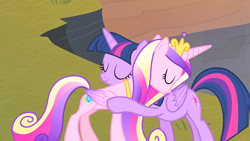 Size: 1920x1080 | Tagged: safe, derpibooru import, screencap, princess cadance, twilight sparkle, twilight sparkle (alicorn), alicorn, pony, three's a crowd, duo, female, hug, mare, sisters-in-law