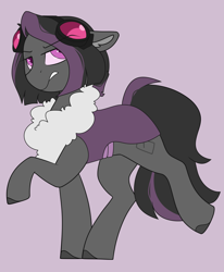 Size: 1400x1700 | Tagged: safe, artist:crimmharmony, derpibooru import, oc, oc:mimicry, changeling, original species, goggles, purple changeling, solo