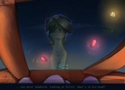 Size: 3000x2155 | Tagged: safe, artist:luneinspace, derpibooru import, oc, oc:silver gleam, pony, glowworm, inscriptions, lonely, lyrics, lyrics in the description, moon, night, pier, reflection, reflections drama, sad look, sitting, story, text