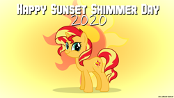 Size: 2560x1440 | Tagged: safe, artist:faze-alan-mskull2019, derpibooru import, sunset shimmer, pony, unicorn, cute, faic, female, mare, smiling, smirk, solo, sunset shimmer day, twiface