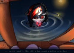 Size: 3000x2155 | Tagged: safe, artist:luneinspace, derpibooru import, oc, oc:silver gleam, pony, unicorn, glowworm, in water, inscriptions, lyrics, moon, night, pier, reflection, sitting, story, text, wet