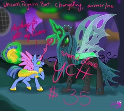 Size: 1500x1350 | Tagged: safe, artist:inkynotebook, derpibooru import, queen chrysalis, oc, changeling, changeling queen, commission, female, glowing horn, horn, raised hoof, your character here