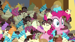 Size: 1920x1080 | Tagged: safe, derpibooru import, screencap, pinkie pie, earth pony, pony, the ending of the end, cupcake, female, food, solo