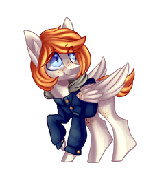 Size: 1480x1528 | Tagged: safe, artist:helemaranth, derpibooru import, oc, oc only, pegasus, pony, clothes, freckles, looking back, looking up, pegasus oc, simple background, smiling, solo, transparent background, wings