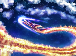 Size: 3268x2416 | Tagged: safe, artist:eltaile, derpibooru import, twilight sparkle, twilight sparkle (alicorn), alicorn, cloud, female, fire trail, flying, magic, night, sky, solo, sonic boom, sound barrier, stars, wings