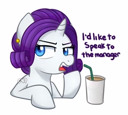 Size: 3758x3370 | Tagged: safe, artist:handgunboi, derpibooru import, rarity, pony, unicorn, coffee, coffee cup, cup, ear piercing, earring, jewelry, karen, piercing, simple background, straw, white background