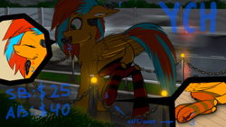 Size: 2560x1440 | Tagged: safe, artist:skanim-sdw, derpibooru import, oc, oc only, oc:darky wings, oc:electy wings, oc:kaspar, oc:linky wings, pegasus, pony, car, clothes, commission, crush, fangs, floppy ears, insole, macro, micro, scared, smiling, socks, stomp, striped socks, swallowing, tongue out, underhoof, vore, ych example, ych sketch, your character here