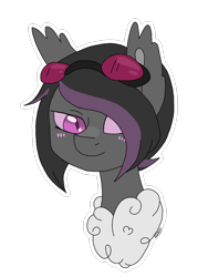Size: 900x1200 | Tagged: artist needed, safe, derpibooru import, oc, oc only, oc:mimicry, changeling, original species, bust, goggles, portrait, purple changeling, simple background, solo, transparent background