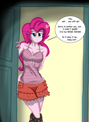 Size: 1700x2338 | Tagged: safe, artist:lennondash, derpibooru import, pinkie pie, equestria girls, can't sleep, clothes, female, pajamas, question, solo, worried