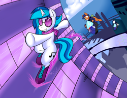 Size: 1283x992 | Tagged: safe, artist:zanezandell, derpibooru import, dj pon-3, vinyl scratch, pony, unicorn, building, clothes, female, group, hoverbike, mare, police, scarf, skates, sunglasses, window