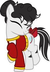 Size: 1524x2193 | Tagged: safe, artist:lightning stripe, derpibooru exclusive, derpibooru import, oc, oc:kalinka, earth pony, pony, black and white mane, bow, clothes, crossed legs, cute, cutie mark, eyes closed, female, hair bun, mare, ocbetes, raised hoof, show accurate, simple background, smiling, solo, stripes, sweater, tail bow, transparent background, two toned tail, vector