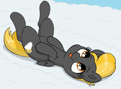 Size: 1250x926 | Tagged: safe, artist:heretichesh, derpibooru import, oc, oc only, oc:nimbus shock, pegasus, pony, cloud, female, filly, lying down, lying on a cloud, mlem, on a cloud, on back, silly, sky, smiling, tongue out
