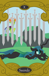 Size: 900x1400 | Tagged: safe, artist:sixes&sevens, derpibooru import, queen chrysalis, thorax, changeling, changeling queen, defeated, sword, tarot card, ten of swords, weapon