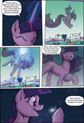 Size: 1772x2598 | Tagged: safe, artist:shieltar, derpibooru import, part of a series, part of a set, twilight sparkle, unicorn twilight, pony, unicorn, comic:giant twilight, better source needed, comic, cute, dialogue, female, giant pony, giant twilight sparkle, giantess, growth, jewelry, macro, magic, mare, necklace, pony bigger than a planet, pony bigger than a solar system, pony bigger than a star, pony heavier than a black hole, signature, size difference, solo, space, stars
