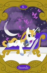 Size: 900x1400 | Tagged: safe, artist:sixes&sevens, derpibooru import, prince blueblood, breezie, butterfly, breeziefied, crescent moon, fainting couch, flower, king of swords, moon, mouth hold, ninth doctor, rose, species swap, sword, tarot card, weapon