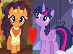 Size: 641x479 | Tagged: safe, derpibooru import, saffron masala, twilight sparkle, twilight sparkle (alicorn), alicorn, spice up your life, the ending of the end, blushing, crack shipping, female, heart, kurta, lesbian, shipping, shipping domino, twiffron