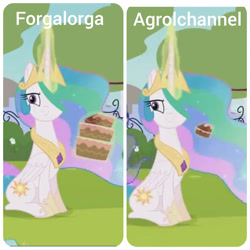 Size: 1920x1920 | Tagged: safe, artist:agrol, artist:forgalorga, derpibooru import, princess celestia, alicorn, pony, cake, cakelestia, difference, food, magic, magic aura, sitting, telekinesis