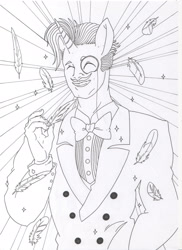 Size: 2087x2874 | Tagged: safe, artist:mohawkrex, derpibooru import, fancypants, anthro, bowtie, clothes, eyes closed, feather, human facial structure, male, monochrome, monocle, smiling, solo, sparkles, suit, traditional art