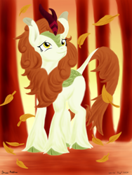 Size: 1800x2400 | Tagged: safe, artist:rockhoppr3, derpibooru import, autumn blaze, kirin, cloven hooves, falling leaves, female, forest, leaves, solo, tree