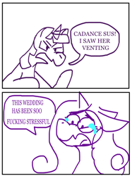 Size: 500x667 | Tagged: safe, artist:barkerking, derpibooru import, princess cadance, queen chrysalis, twilight sparkle, unicorn twilight, alicorn, changeling, changeling queen, pony, unicorn, a canterlot wedding, 2 panel comic, among us, comic, crossover, crying, dialogue, duo, fake cadance, female, mare, monochrome, open mouth, speech bubble, vulgar