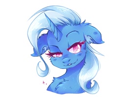 Size: 1000x800 | Tagged: safe, artist:silversweety, derpibooru import, trixie, pony, unicorn, bust, cheek fluff, chest fluff, ear fluff, female, floppy ears, lidded eyes, mare, neck fluff, no pupils, portrait, simple background, smiling, smirk, solo, white background