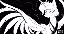 Size: 4096x2200 | Tagged: safe, artist:ask-colorsound, derpibooru import, princess luna, alicorn, pony, black and white, female, grayscale, high res, mare, monochrome, solo, spread wings, wings