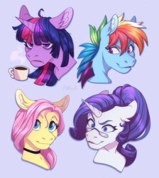 Size: 1838x2048 | Tagged: safe, artist:morsyr, derpibooru import, fluttershy, rainbow dash, rarity, twilight sparkle, pegasus, pony, unicorn, annoyed, bust, choker, cup, ear fluff, emotions, female, floppy ears, glasses, hot drink, lidded eyes, looking at you, mare, morning ponies, quartet, smiling, stray strand, three quarter view