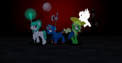 Size: 1160x600 | Tagged: safe, derpibooru import, oc, oc:hellfire, earth pony, ghost, ghost pony, pegasus, pony, unicorn, pony creator, axe, battle axe, cloak, clothes, colt, fantasy, female, graveyard, horror, kisekae, magic, magic aura, male, moon, night, spear, weapon, wizard, young