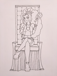 Size: 469x625 | Tagged: safe, artist:metalamethyst, derpibooru import, adagio dazzle, alternate outfits, boots, clothes, crossed legs, crossover, jacket, jojo's bizarre adventure, lineart, phantom blood, shoes, sitting, smug, stone mask, throne, traditional art, wip