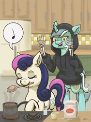 Size: 1536x2048 | Tagged: safe, artist:catscratchpaper, derpibooru import, bon bon, lyra heartstrings, sweetie drops, unicorn, clothes, cooking, dig the swell hoodie, eyes closed, fake arms, hand, hoodie, kitchen, moments before disaster, mouth hold, prank, refrigerator, that pony sure does love hands, this will end in pain