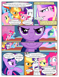 Size: 612x792 | Tagged: safe, artist:newbiespud, derpibooru import, edit, edited screencap, screencap, applejack, fluttershy, pinkie pie, princess cadance, princess celestia, rainbow dash, rarity, twilight sparkle, unicorn twilight, alicorn, earth pony, pegasus, pony, unicorn, comic:friendship is dragons, a canterlot wedding, comic, crying, dialogue, female, hat, hoof shoes, mane six, mare, raised hoof, scowl, screencap comic, smiling, smirk