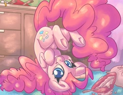 Size: 2048x1583 | Tagged: safe, artist:leadhooves, derpibooru import, pinkie pie, earth pony, pony, batter, bowl, colored pupils, cute, diapinkes, dock, egg (food), female, food, hooves to the chest, kitchen, mare, solo, spoon, upside down