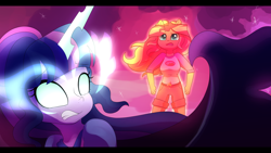 Size: 1280x720 | Tagged: safe, artist:little-tweenframes, derpibooru import, midnight sparkle, sci-twi, sunset shimmer, twilight sparkle, series:sciset diary, equestria girls, legend of everfree, clothes, deleted from derpibooru, glowing eyes, looking back, ponied up, scene interpretation, shirt, shorts