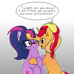 Size: 1000x1000 | Tagged: safe, artist:little-tweenframes, derpibooru import, sci-twi, sunset shimmer, twilight sparkle, pony, unicorn, deleted from derpibooru, female, glasses, lesbian, mare, ponified, pregnant, scitwishimmer, shipping, simple background, sunsetsparkle