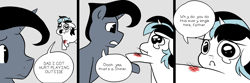 Size: 1500x500 | Tagged: safe, artist:little-tweenframes, derpibooru import, night light, shining armor, pony, unicorn, colt, dad joke, deleted from derpibooru, dialogue, father and child, father and son, injured, male, parent and child, simple background, speech bubble, stallion, teary eyes, younger