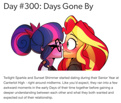 Size: 1028x875 | Tagged: safe, artist:little-tweenframes, derpibooru import, sci-twi, sunset shimmer, twilight sparkle, series:sciset diary, equestria girls, blushing, deleted from derpibooru, female, lesbian, scitwishimmer, shipping, sunsetsparkle