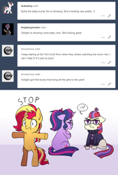 Size: 1300x1920 | Tagged: safe, artist:little-tweenframes, derpibooru import, moondancer, sci-twi, sunset shimmer, twilight sparkle, pony, unicorn, series:sciset diary, equestria girls, bipedal, deleted from derpibooru, female, glasses, lesbian, mare, ponified, pregnant, scitwishimmer, shipping, sitting, sunsetsparkle, t pose, tumblr, unamused