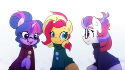 Size: 1280x720 | Tagged: safe, artist:little-tweenframes, derpibooru import, moondancer, sci-twi, sunset shimmer, twilight sparkle, pony, series:sciset diary, clothes, cute, deleted from derpibooru, female, glasses, lesbian, mare, ponified, scitwishimmer, shipping, simple background, smiling, sunsetsparkle, sweater, trio