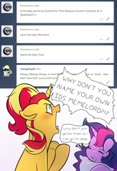 Size: 1300x1900 | Tagged: safe, artist:little-tweenframes, derpibooru import, sci-twi, sunset shimmer, twilight sparkle, pony, unicorn, series:sciset diary, equestria girls, angry, ask, deleted from derpibooru, dialogue, female, lesbian, mare, ponified, scitwishimmer, shipping, sleepy, sunsetsparkle, tumblr, unamused, yelling