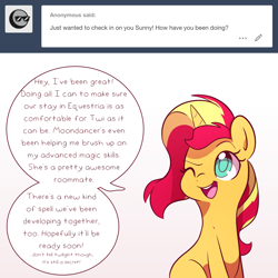 Size: 1300x1300 | Tagged: safe, artist:little-tweenframes, derpibooru import, sunset shimmer, pony, unicorn, series:sciset diary, cute, deleted from derpibooru, dialogue, female, mare, one eye closed, shimmerbetes, simple background, solo, speech bubble, tumblr, white background, wink
