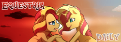 Size: 1995x695 | Tagged: safe, artist:little-tweenframes, derpibooru import, sunset shimmer, pony, unicorn, series:sciset diary, banner, comforting, deleted from derpibooru, equestria daily, female, looking at each other, mare, self ponidox, smiling, sunset shimmer day, teary eyes