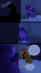 Size: 720x1280 | Tagged: safe, artist:little-tweenframes, derpibooru import, sci-twi, sunset shimmer, twilight sparkle, pony, comic:an ace of hearts, series:sciset diary, bed, comic, dark, deleted from derpibooru, equestria girls ponified, eyes closed, female, floppy ears, gasp, hair over one eye, lesbian, pillow, ponified, scitwishimmer, shipping, sleeping, sleepy, sunsetsparkle, sweat, yawn