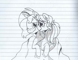 Size: 1640x1262 | Tagged: safe, artist:little-tweenframes, derpibooru import, sci-twi, sunset shimmer, twilight sparkle, series:sciset diary, cuddling, deleted from derpibooru, female, glasses, inktober, lesbian, lined paper, scitwishimmer, shipping, sunsetsparkle, traditional art