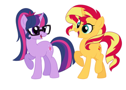 Size: 1008x720 | Tagged: safe, artist:little-tweenframes, derpibooru import, sci-twi, sunset shimmer, twilight sparkle, pony, unicorn, series:sciset diary, deleted from derpibooru, equestria girls ponified, female, glasses, lesbian, mare, ponified, scitwishimmer, shipping, smiling, sunsetsparkle