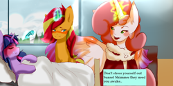 Size: 1000x500 | Tagged: safe, artist:darkageequestia, artist:little-tweenframes, derpibooru import, sci-twi, sunset shimmer, twilight sparkle, oc, oc:joyous gift, pony, collaboration, series:sciset diary, bed, blushing, crossover, deleted from derpibooru, equestria girls ponified, fanfic, fanfic art, female, gift art, hospital, labor, lesbian, magic, magical lesbian spawn, offspring, ponified, pregnant, scitwishimmer, shipping, sleeping, sunsetsparkle