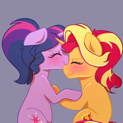 Size: 500x500 | Tagged: safe, artist:little-tweenframes, derpibooru import, sci-twi, sunset shimmer, twilight sparkle, pony, blushing, deleted from derpibooru, duo, equestria girls ponified, eyes closed, female, kissing, lesbian, ponified, scitwishimmer, shipping, simple background, smiling, sunsetsparkle, wavy mouth