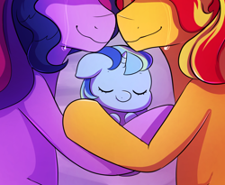 Size: 1000x821 | Tagged: safe, artist:little-tweenframes, derpibooru import, sci-twi, sunset shimmer, twilight sparkle, oc, oc:sparkling sapphire, pony, series:sciset diary, baby, baby pony, crying, deleted from derpibooru, equestria girls ponified, female, heartwarming, lesbian, magical lesbian spawn, mare, offspring, parent:sci-twi, parent:sunset shimmer, parents:scitwishimmer, ponified, scitwishimmer, shipping, sleeping, sunsetsparkle, tears of joy