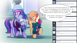 Size: 1920x1080 | Tagged: safe, artist:little-tweenframes, derpibooru import, sci-twi, sunset shimmer, twilight sparkle, oc, oc:sparkling sapphire, pony, series:sciset diary, baby, baby pony, clothes, coat, cute, deleted from derpibooru, female, hat, lesbian, magical lesbian spawn, mare, offspring, parent:sci-twi, parent:sunset shimmer, parents:scitwishimmer, scitwishimmer, shipping, sunsetsparkle