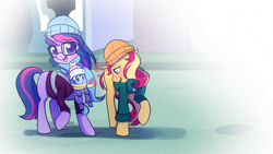 Size: 1920x1080 | Tagged: safe, artist:little-tweenframes, derpibooru import, sci-twi, sunset shimmer, twilight sparkle, oc, oc:sparkling sapphire, pony, unicorn, series:sciset diary, baby, baby pony, clothes, coat, cute, deleted from derpibooru, equestria girls ponified, female, glasses, hat, lesbian, magic, magical lesbian spawn, ocbetes, offspring, parent:sci-twi, parent:sunset shimmer, parents:scitwishimmer, ponified, scarf, scitwishimmer, shimmerbetes, shipping, smiling, sunsetsparkle, twiabetes